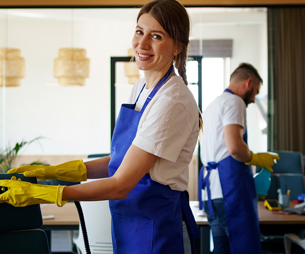 Office Cleaner in blue apron wiping down a modern workstation